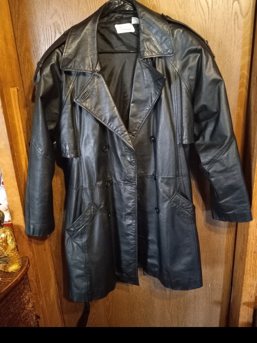 26 International Black Double-Breasted Leather Trench